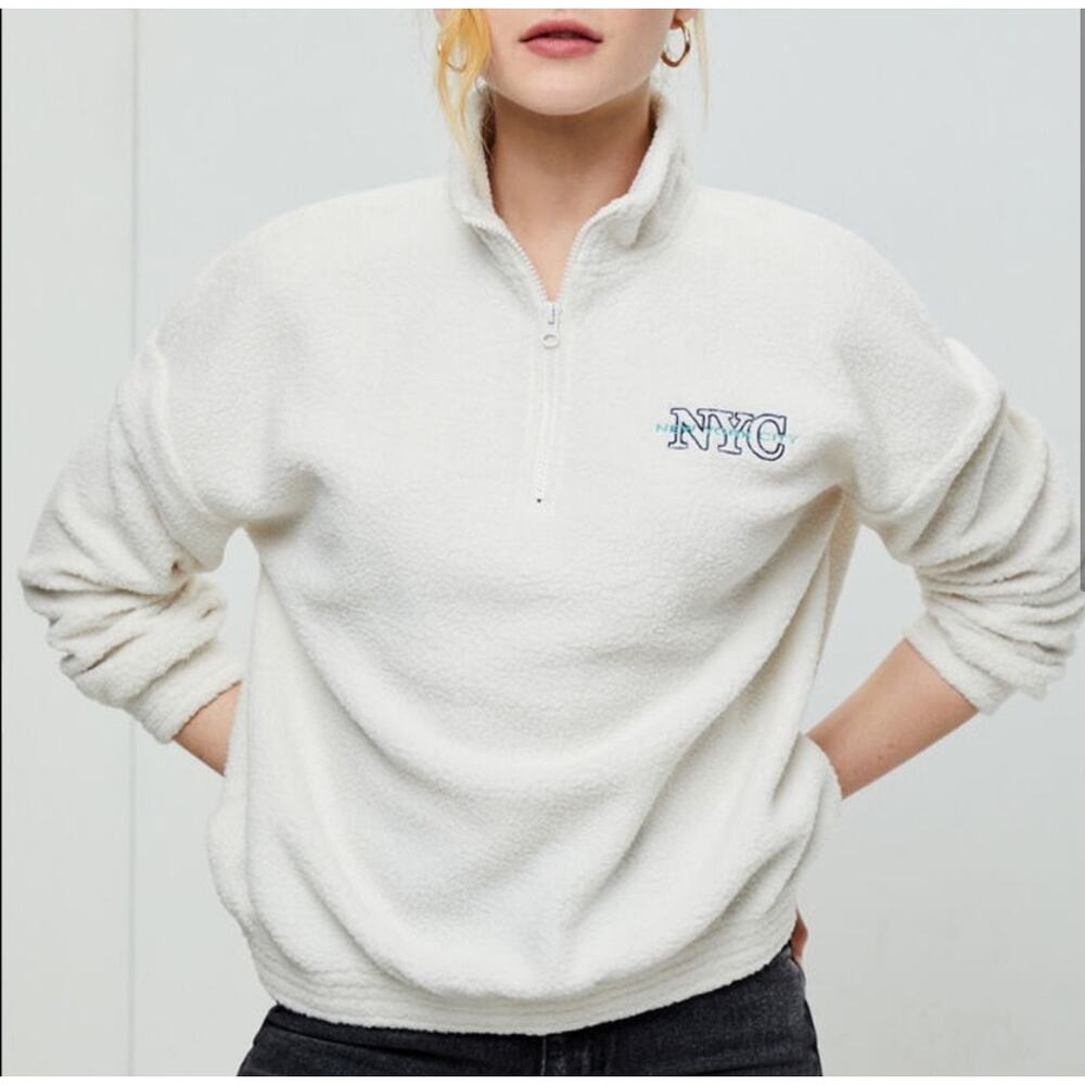 LA Hearts Women’s White Sherpa Fleece NYC Embroidered Half Zip Size Small